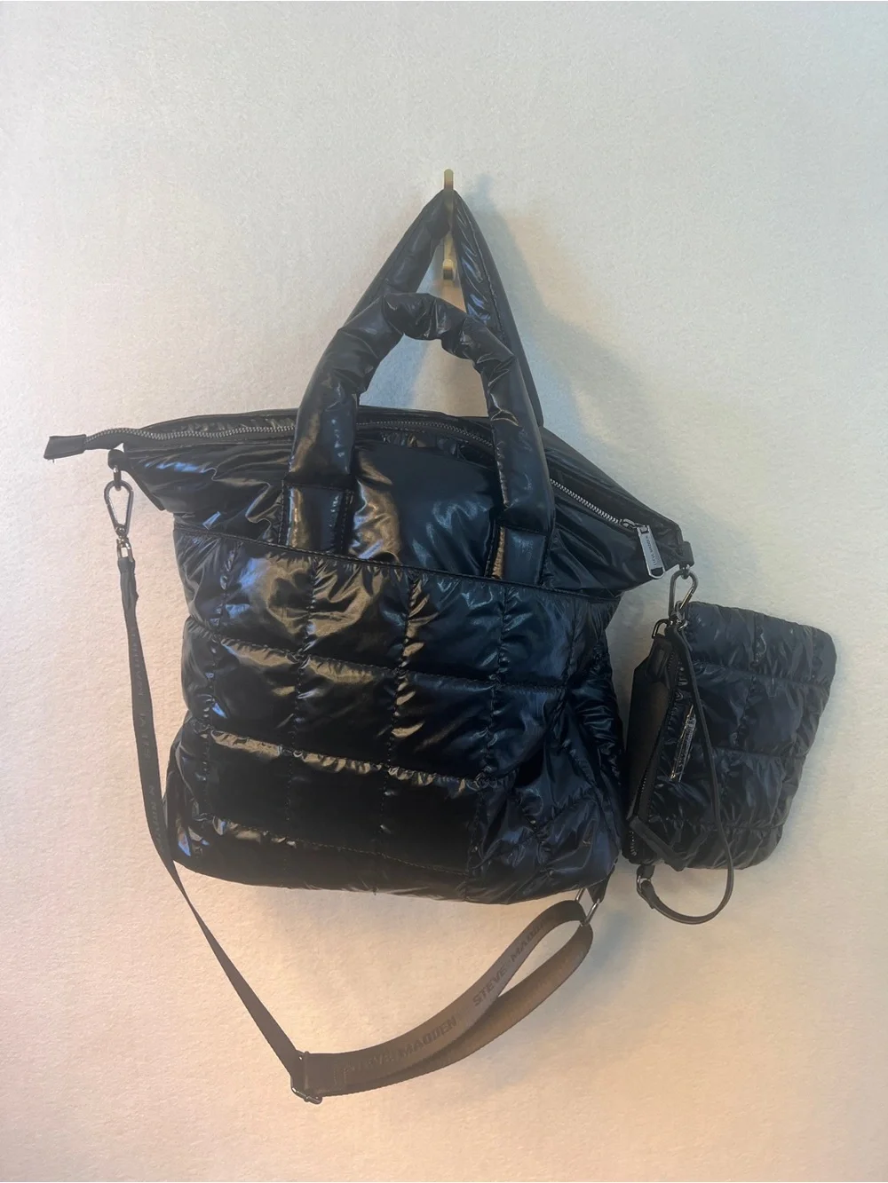 Steve Madden Shiny Black Quilted Puffer Tote with Detachable Pouch